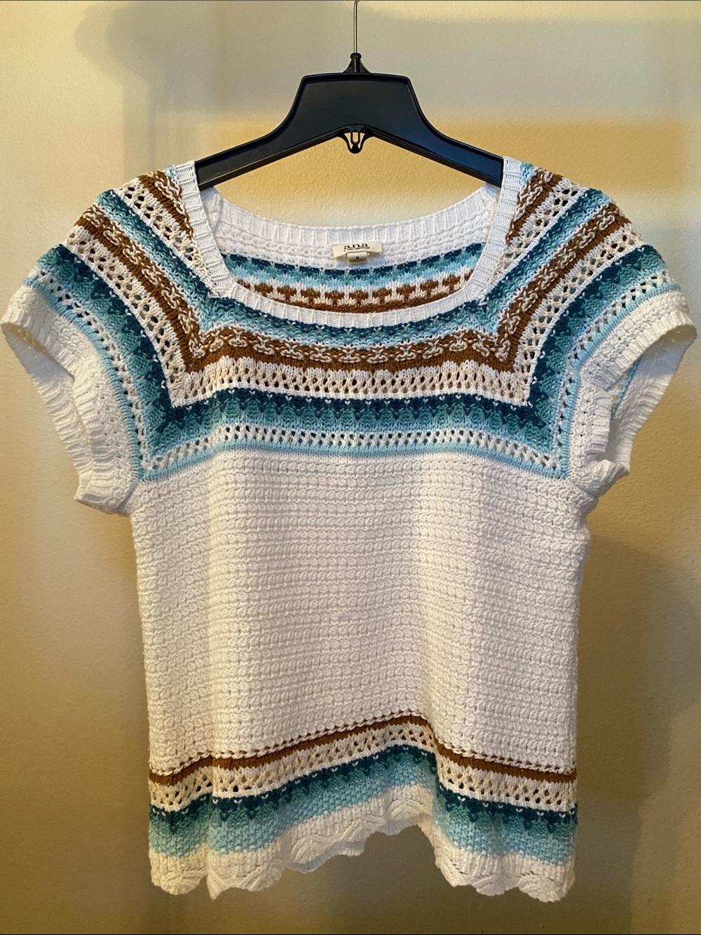 a.n.a White Crochet Short Sleeve Top with Teal and Brown Stripes